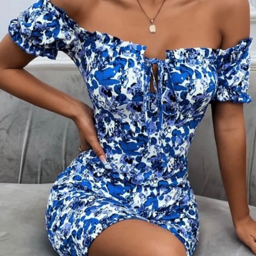 Boho Blue Floral Print Off Shoulder Bodycon Dress - Picture 1 of 11